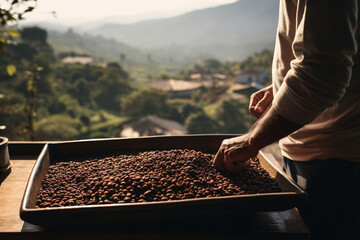 a man holding a wood tray of coffee beans in front of nature background bokeh style background - obrazy, fototapety, plakaty