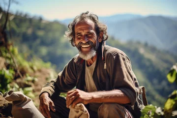 Tuinposter male coffee farmer smiling in front of his farm bokeh style background © toonsteb