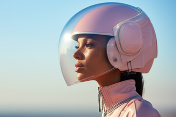 woman wearing helmet in front of the sea  futuristic style bokeh style background