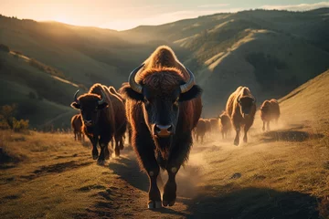 Foto op Aluminium crowd bulls standing in the green valley bokeh style background © toonsteb