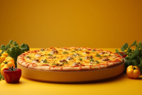 Empty Pizza Box with Cartoon Pizza Slices, on an isolated Pizzeria Yellow background, Generative AI 