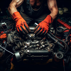 Close-up of car mechanic's gloved hands working on repairing engine, elements of car against background of various details. Maintenance, oil change. Service station. Repair Tires,brake pads, battery