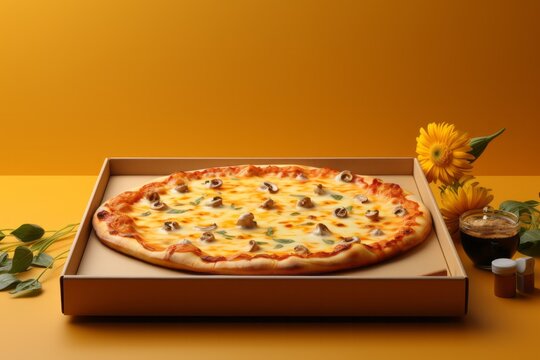 Empty Pizza Box with Cartoon Pizza Slices, on an isolated Pizzeria Yellow background, Generative AI 