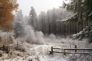 village outskirts forest snowy view scenic snow covered fence trees snow first landscape winter rural