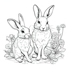 Coloring pages rabbits and bunnies in the grass, flowers