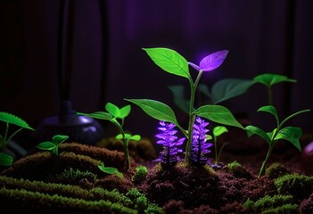 plant seedlings under a special LED purple light. Growing microgreens and plant sprouts at home.