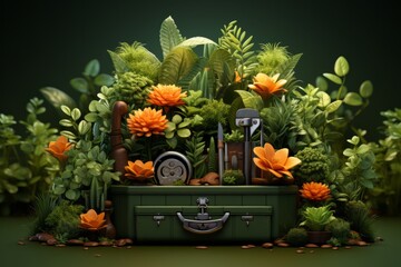 Empty Gardening Box with Cartoon Plants and Tools, on an isolated Garden Green background, Generative AI