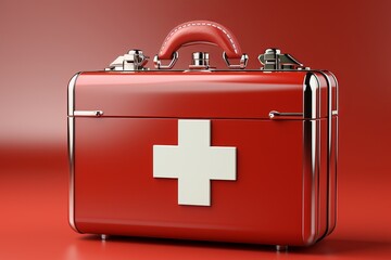 Fototapeta premium Empty First Aid Kit in a Cartoon Style, on an isolated Medical Red Cross background, Generative AI