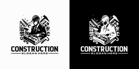 construction logo, project worker with construction tools