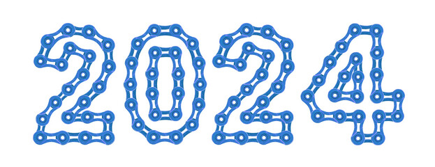 A new blue bicycle chain in shape of 2024 on white background