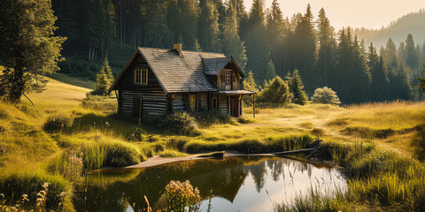 Quaint Wooden Cabin by a Serene Pond in a Lush Meadow, Basking in Golden Sunlight with a Forest Backdrop