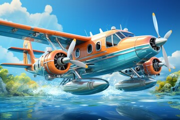 Whimsical Cartoon Seaplane Landing on Water, on an isolated Ocean Blue background, Generative AI