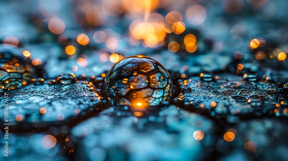 Poster nanotechnology structure with spherical molecules on a hexagonal grid, representing advanced scienti