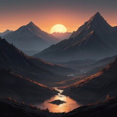 Panorama of Sunset view in the Mountains