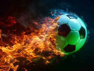 Fototapeta premium Soccer ball in fire flames on black background. 3d illustration Generative AI