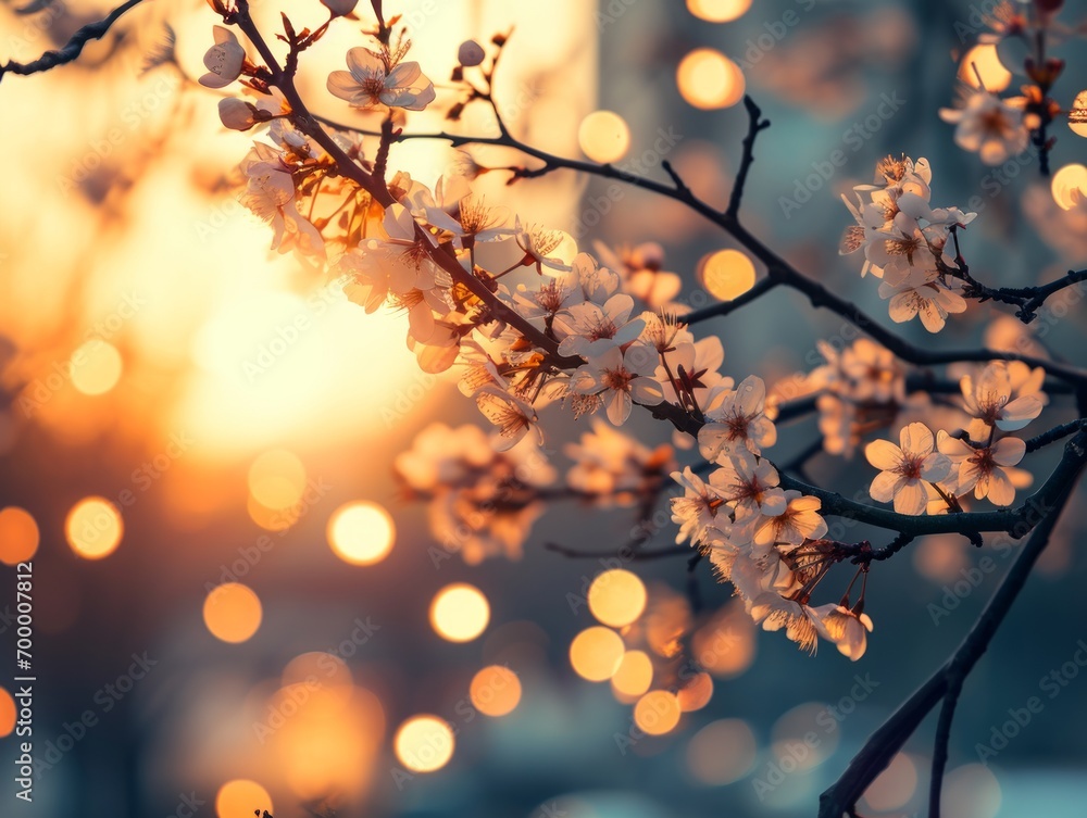 Poster blossoming branch of cherry in the rays of the setting sun generative ai