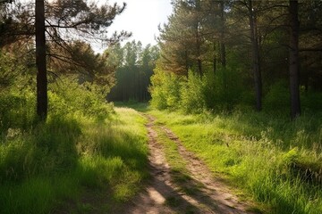 Fototapeta na wymiar woods path forest evening sunny grass green trees shadow landscape summer woodland forest road the