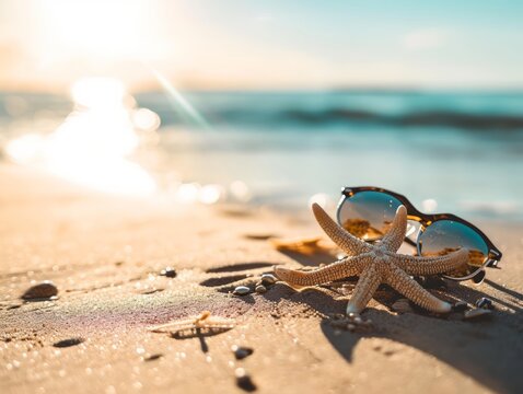 Starfish and sunglasses on the beach at sunset. Travel concept. Generative AI