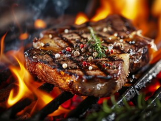 Grilled steak with rosemary and spices on a barbecue grill. Generative AI