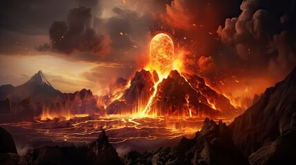 Molten lava erupts explosively from the volcano. Explosive lava eruption, billowing smoke, volcanic ash, raw force. Generated by AI.
