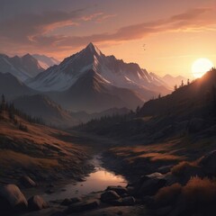 Panorama of Sunset view in the Mountains