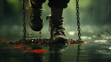 Invisible Chains: Child's feet tied with symbolic chains, representing unseen constraints of child labor