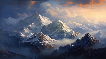 Towering, snow-covered, stunning, breathtaking, serene, majestic, dawn, alpine, picturesque, scenic. Generated by AI.