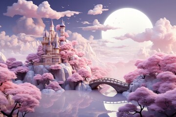 Mystical Panoramic Dreamland with Floating Pastel Islands, isolated on Lavender background, Generative AI.