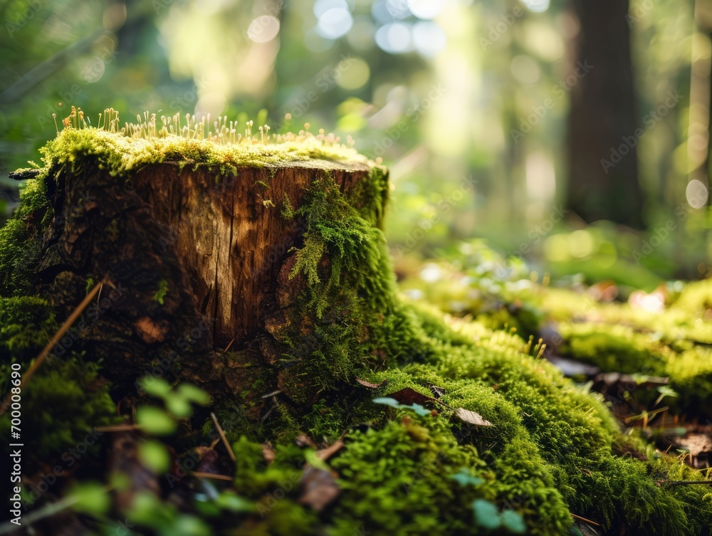 Aufkleber green moss on a stump in the forest. nature background with copy space. generative ai