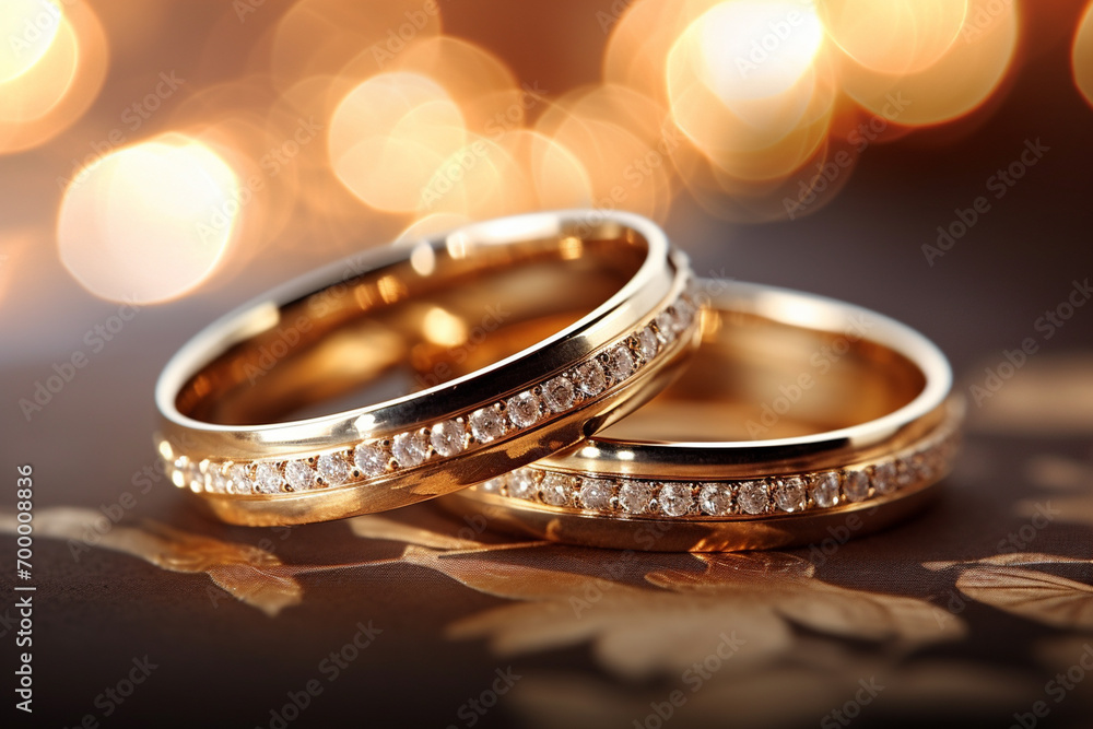 Wall mural close up of two gold wedding rings bokeh style background