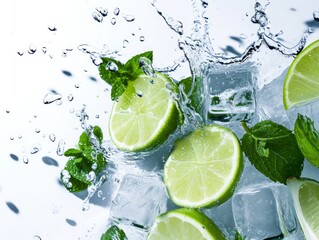 Mojito cocktail with lime, ice cubes and mint on white background Generative AI