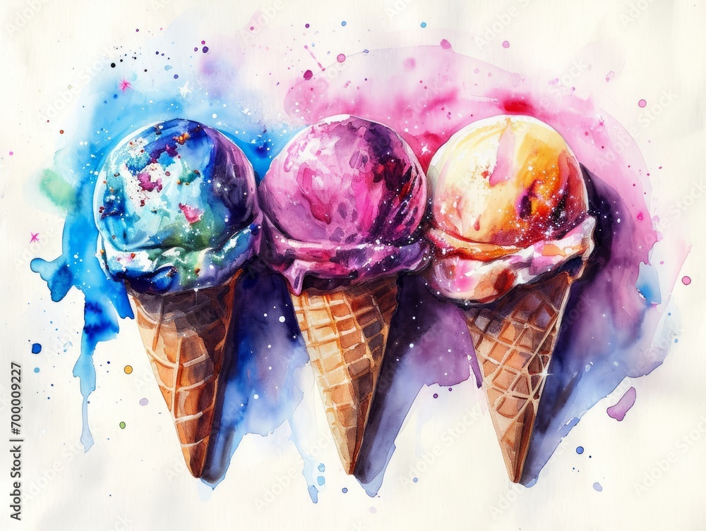 Poster Watercolor illustration of ice cream in waffle cone with colorful splashes Generative AI