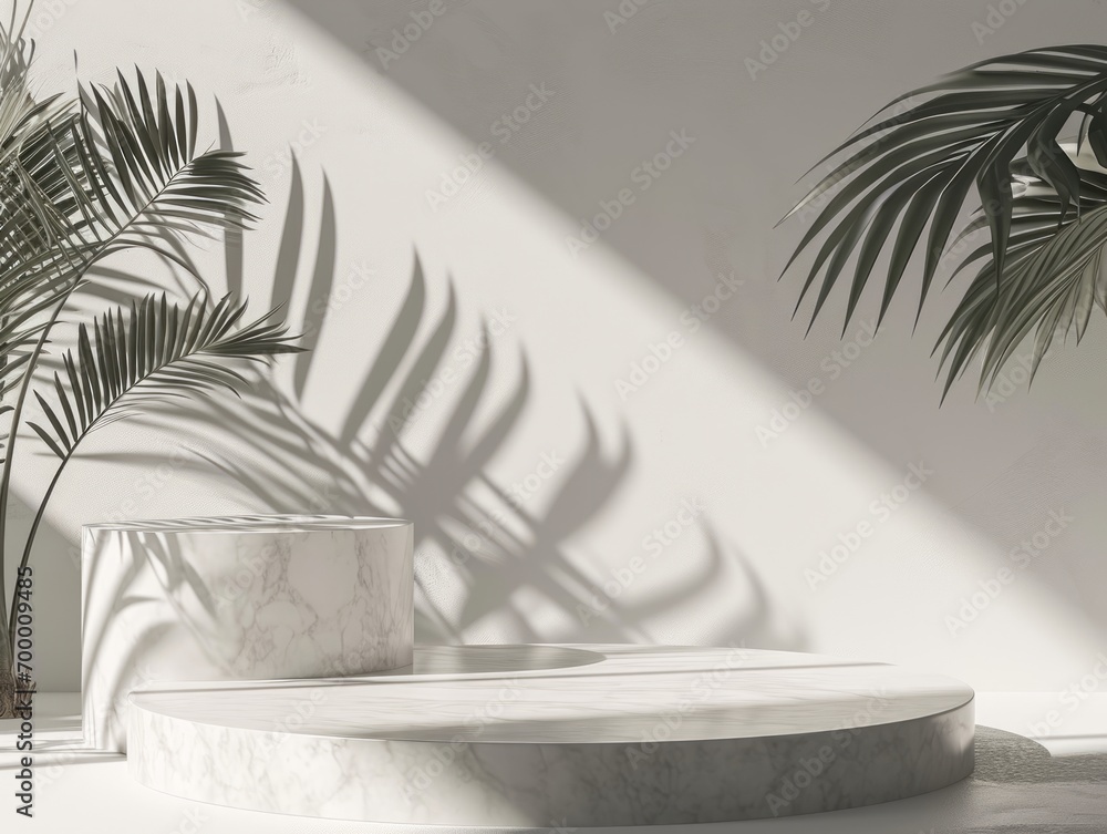 Aufkleber minimal scene with white marble podium and palm leaf. 3d render generative ai