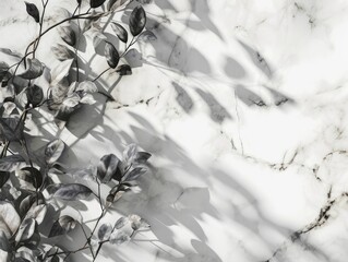 White marble texture with black leaves and shadow. Natural pattern background. Generative AI