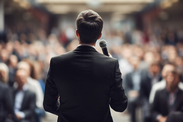 a man speaking in front of crowd people bokeh style background - obrazy, fototapety, plakaty
