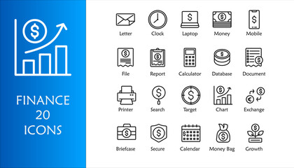 Finance icon set. Containing loan, cash, saving, financial goal, profit, budget, mutual fund, earning money and revenue icons. Outline icons collection