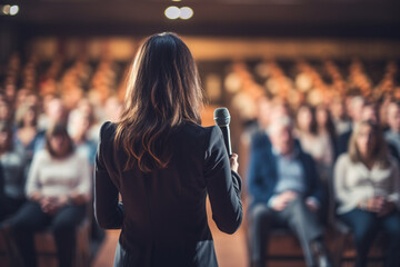 a woman speaking in front of crowd people bokeh style background - obrazy, fototapety, plakaty