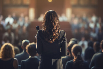 a woman speaking in front of crowd people bokeh style background - obrazy, fototapety, plakaty