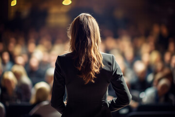 Fototapeta premium a woman speaking in front of crowd people bokeh style background