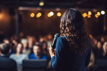 a woman speaking in front of crowd people bokeh style background - Powered by Adobe