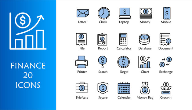 Finance icon set. Containing loan, cash, saving, financial goal, profit, budget, mutual fund, earning money and revenue icons. Lineal Color icons collection