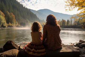 mother and daughter sitting on wooden bench in front of the lake bokeh style background - Powered by Adobe
