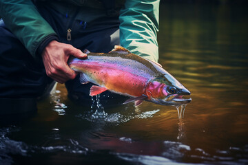 a person holding a rainbow trout bokeh style background