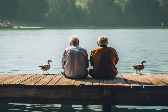 Two Elderly Men Sitting On The Dock In Front Of The Lake