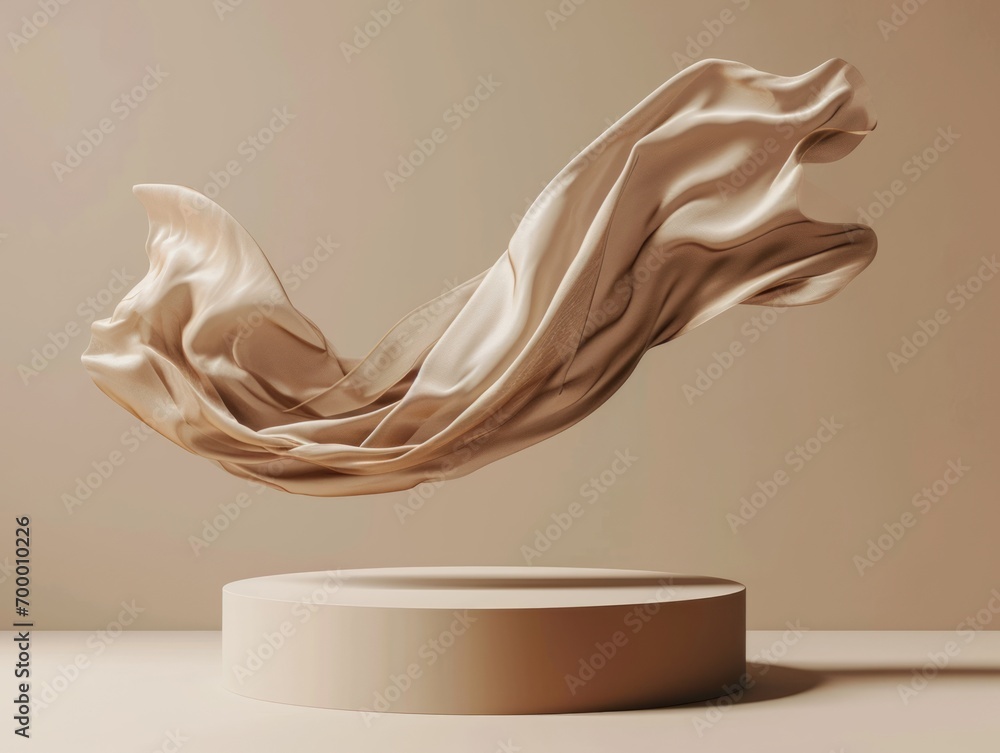Poster 3d render of golden podium with silk fabric on beige background generative ai