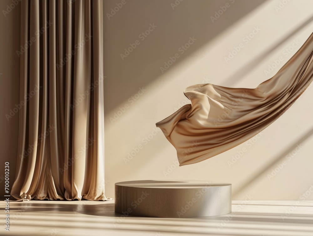 Poster abstract 3d rendering of minimal geometric forms. brown podium with golden drapery in empty room wit