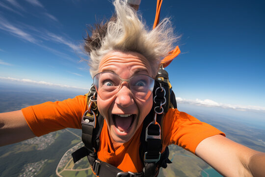 an old woman taking a selfie while skydiving.