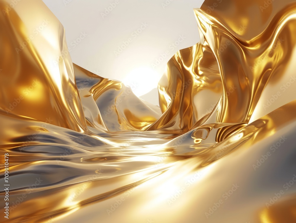 Aufkleber golden abstract wavy liquid background. 3d render illustration with depth of field generative ai