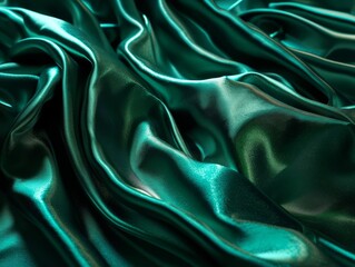 Fototapeta premium Closeup of rippled green satin fabric as background texture Generative AI