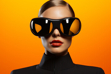 a woman wearing leather jacket and sunglasses futuristic style on yellow background